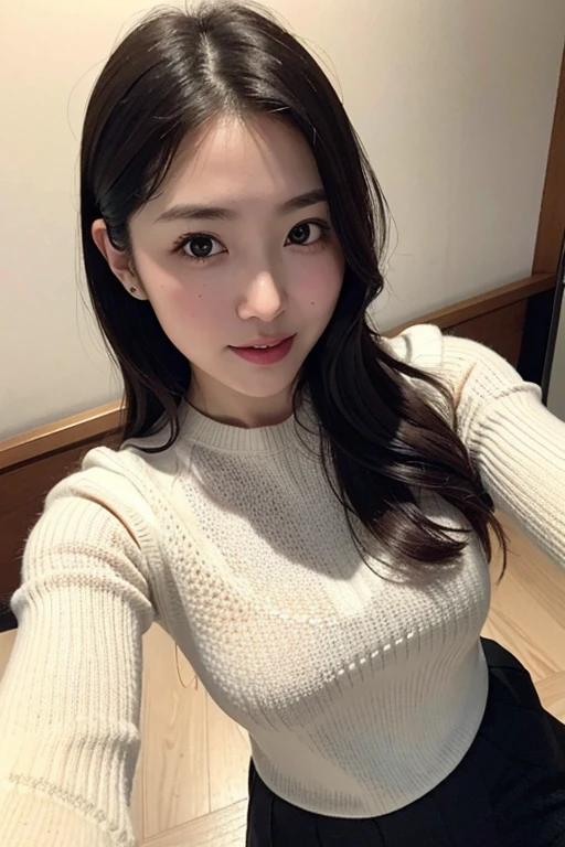highest quality,masterpiece,Ultra-high resolution,(Realistic:1.4),Beautiful lighting, (Highly detailed CG Unity 8k wallpaper), Beautiful face in every detail,Detailed clothing, 50mm portrait photography, One Girl,Big black eyes, cute, young, Temporarily stop, Facial Lighting, Physically Based Rendering,Written boundary depth , Black Hair, Mole under the eye,(Serious face), ((Take from above)), (Please open your mouth wide),Japanese women、20-year-old、Knitted sweater、Young and beautiful woman taking a selfie, Taken with iPhone camera