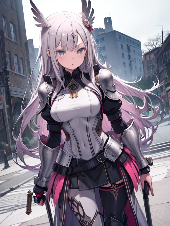 Super detailed, masterpiece, highest quality, alone, Severe, One girl, (White eyes:1.1), (Grey Eyes:1.3), Gray Hair, Very long hair, Parted hair, Parted bangs, Medium chest, Valkyrie, (Bodysuits:1.1), Pink feather hair ornament, grey armored skirt, black Bodysuits, armor, Gauntlet, Pink breastplate, Shin Guards, armored dress, Pink,