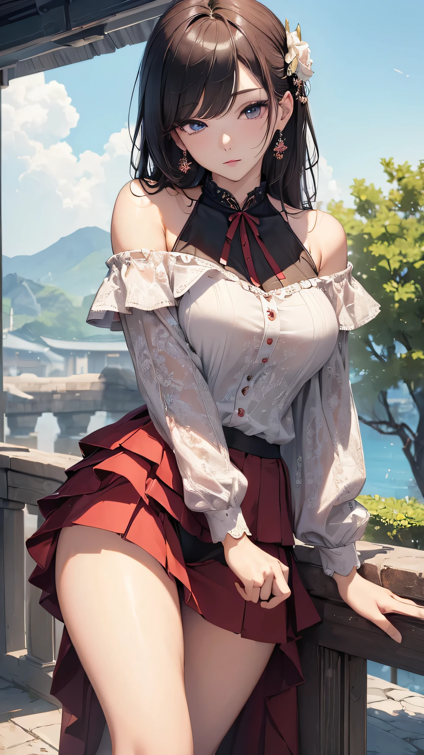 (((masterpiece))),(((High resolution)))、(((8K)))、(((perfect face)))、(((Korean beauty)))、25 years old, ((off shoulder dress)),  ((skirt)), look at the camera, thighs, ((top quality eyes)), ((detailed eyes)), ((detailed face)), (detailed texture), stairs, ((panty))