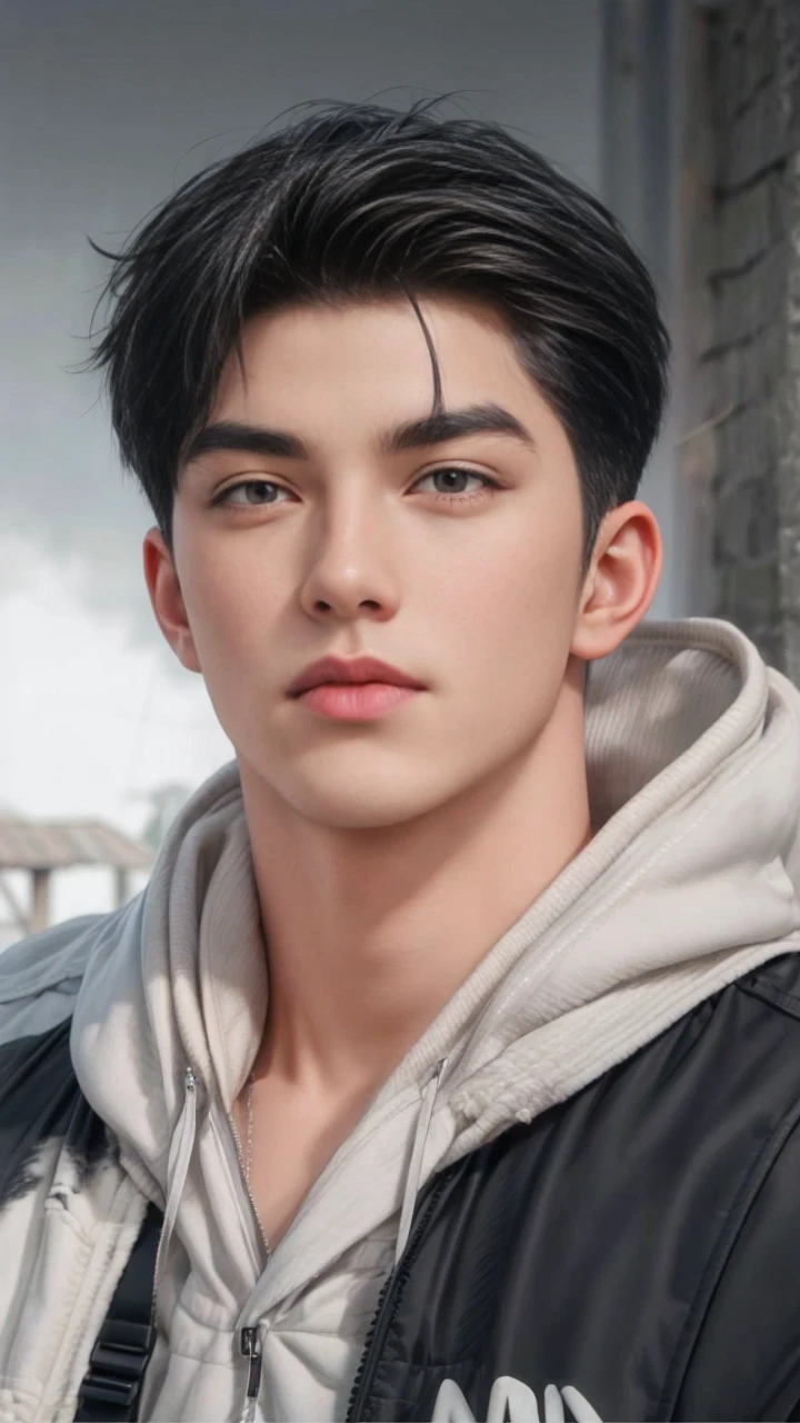 masterpiece, 1boy, young, handsome, black hair, undercut hair, perfect face, detailed eyes and face,black eyes, jacket, clean shaved, muscular, capturing a rural atmosphere, dynamic lighting, unreal engine 5