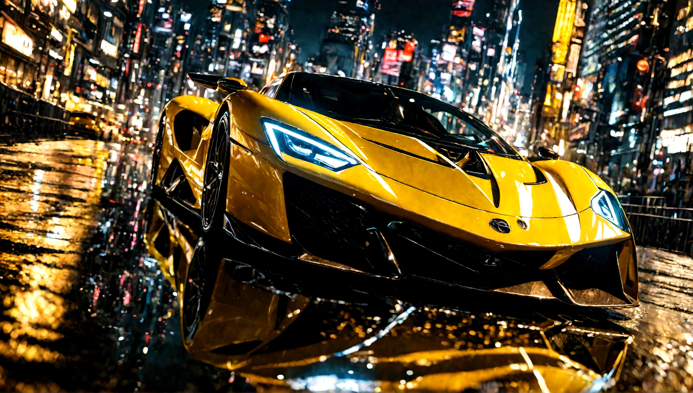 a beautiful yellow supercar, city of tokyo in the background, detailed high resolution photo, cinematic lighting, 8k, photorealistic, dynamic composition, vibrant colors, reflection on the car body, depth of field, realistic textures, intricate details, sleek design, futuristic architecture, ultrawide angle, dramatic sky