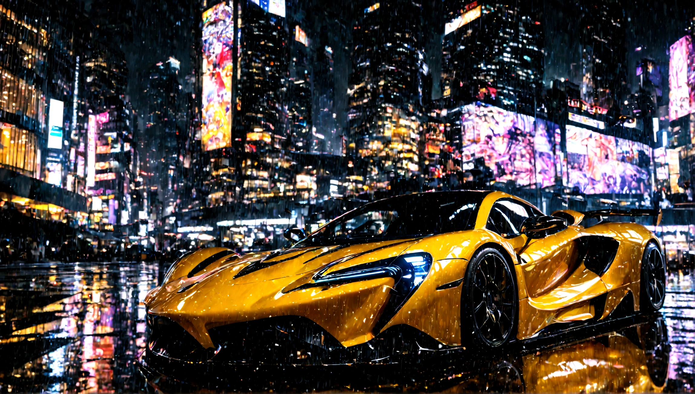 a beautiful yellow supercar, city of tokyo in the background, detailed high resolution photo, cinematic lighting, 8k, photorealistic, dynamic composition, vibrant colors, reflection on the car body, depth of field, realistic textures, intricate details, sleek design, futuristic architecture, ultrawide angle, dramatic sky
