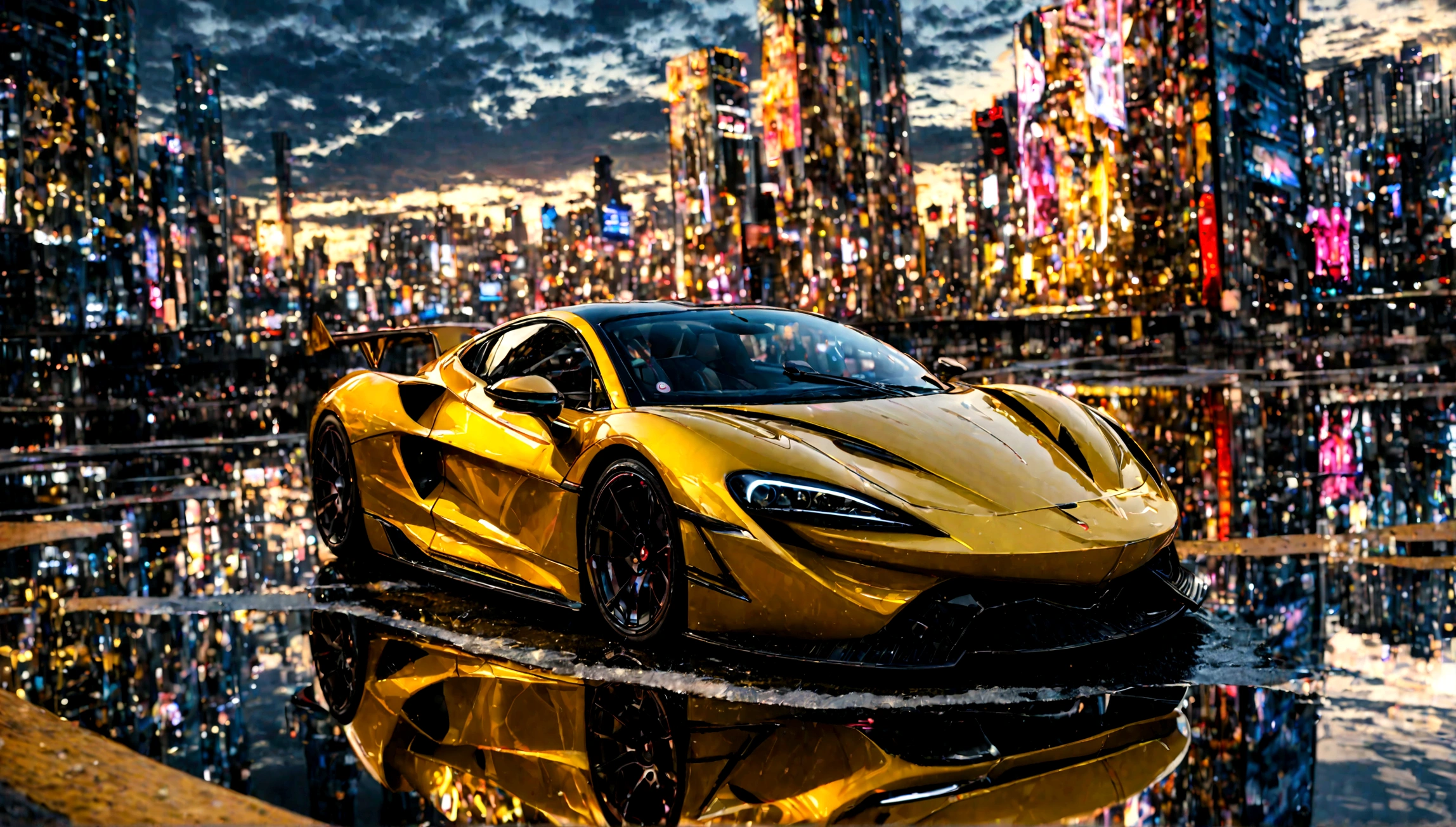 a beautiful yellow supercar, city of tokyo in the background, detailed high resolution photo, cinematic lighting, 8k, photorealistic, dynamic composition, vibrant colors, reflection on the car body, depth of field, realistic textures, intricate details, sleek design, futuristic architecture, ultrawide angle, dramatic sky

