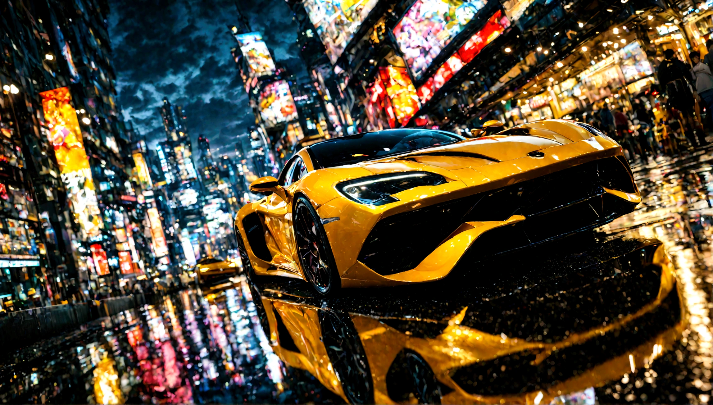 a beautiful yellow supercar, city of tokyo in the background, detailed high resolution photo, cinematic lighting, 8k, photorealistic, dynamic composition, vibrant colors, reflection on the car body, depth of field, realistic textures, intricate details, sleek design, futuristic architecture, ultrawide angle, dramatic sky
