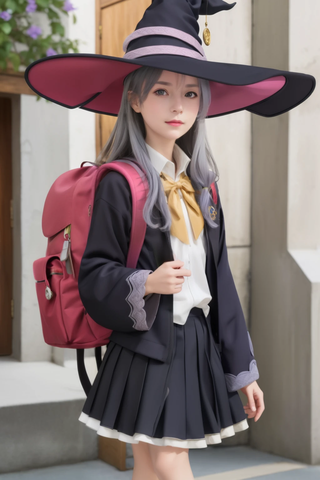 Masterpiece, hd, realistic 
elaina, witch, wizard, elaina \(majo no tabitabi\), cosplay, 1girl, solo, 
open robe, collared shirt, long sleeves, wide sleeves, pleated skirt, witch hat, bowtie, frilled skirt, 
jewelry, badge, 
long hair, bangs, hair between eyes, grey hair, hair ribbon, hair bow, 
looking at viewer, cowboy shot, standing, 
Outdoor, day, 
Wearing red backpack, (backpack:1.2)
 