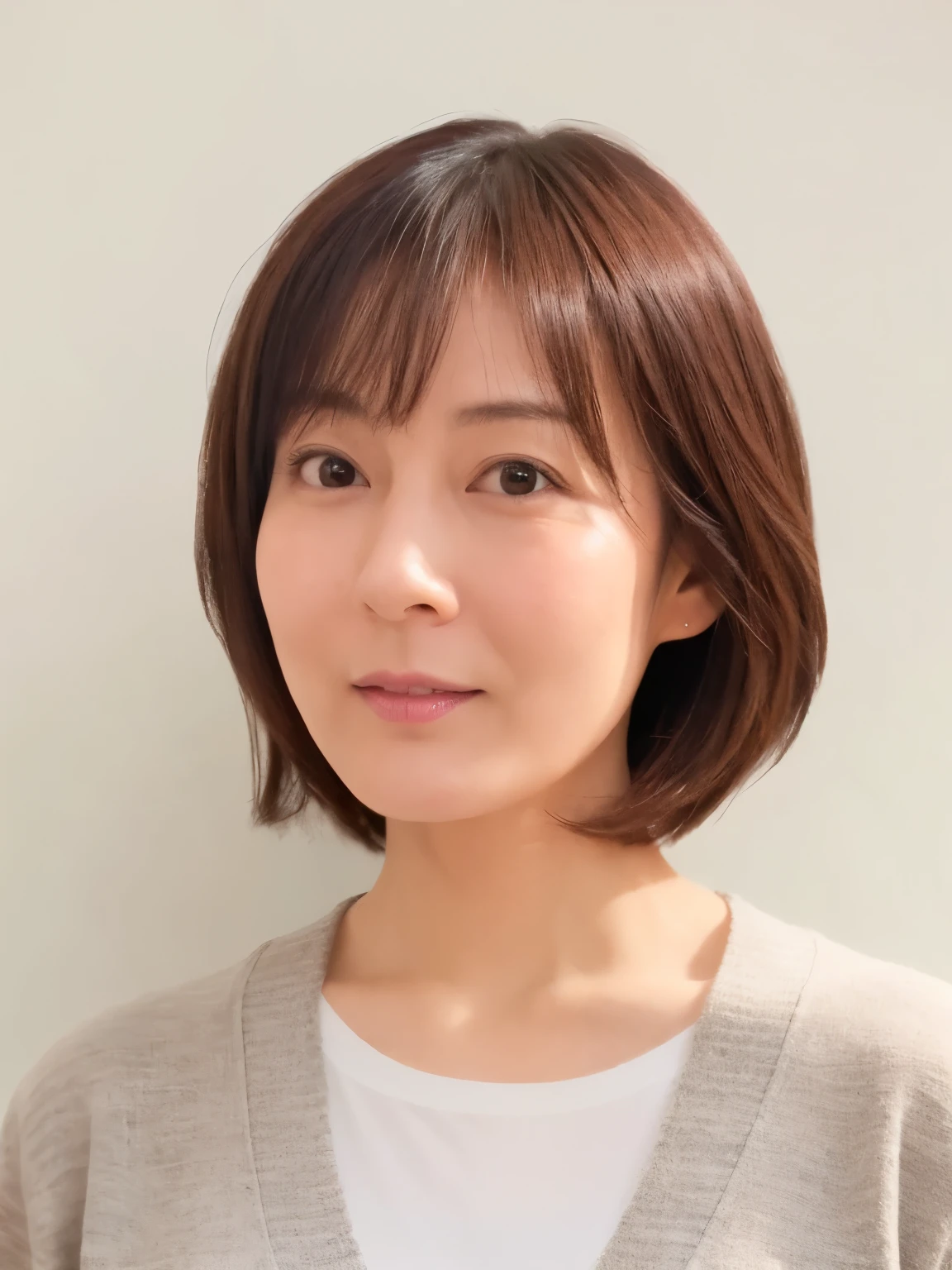 A thin Japanese woman in her 40s, Good wife, Cute Face, Detailed face, Fine grain, Neat, Short sleeve white shirt, early summer, short hair、Shortcuts、Short Hair、Pixie Cut、Fine weather, sunny, Photographed in front of a white wall, Portraiture、Photographed in natural light、Tabletop、cardigan、Mr.々Pause、Mr.々Face angle、fluffy hair