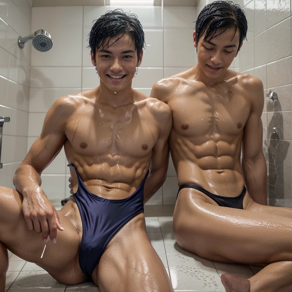 Wet Japanese boy in onepiece swimsuit, High-cut racing back swimsuit, solo, smile, Boy with wet short black hair, very white skin, the boy has a seductive look, Competitive swimsuit, looking_at_viewer, Cool boy in black sexy suit, shiny purple and blue one piece swimsuit thong, shiny_hair, water, indoors, garments:High-cut swimwear, shower, highleg one piece swimsuit thong, a boy with slim waist, small abs, one boy sitting on the shower showing his abs wearing adidas one piece swimsuit thong in split, the boy has a dildo in his ass and smile with satisfied face