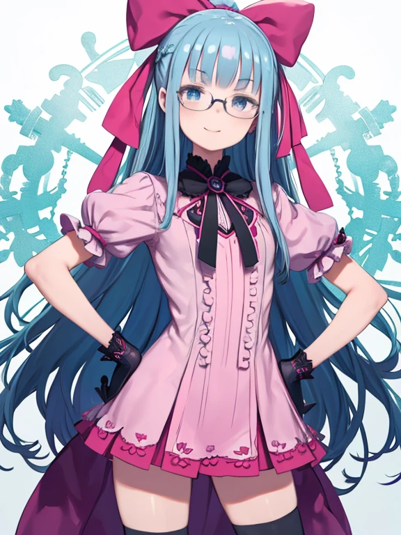alone, midoridesu, blue eyes, Blue Hair, Long Hair, Glasses, hair ribbon, ribbon, Pink Dress, Black knee socks, gloves, smile, Put your hands on your hips, Cowboy Shot, Absurd, ultra detailed, masterpiece, highest quality, beautiful, detailed,