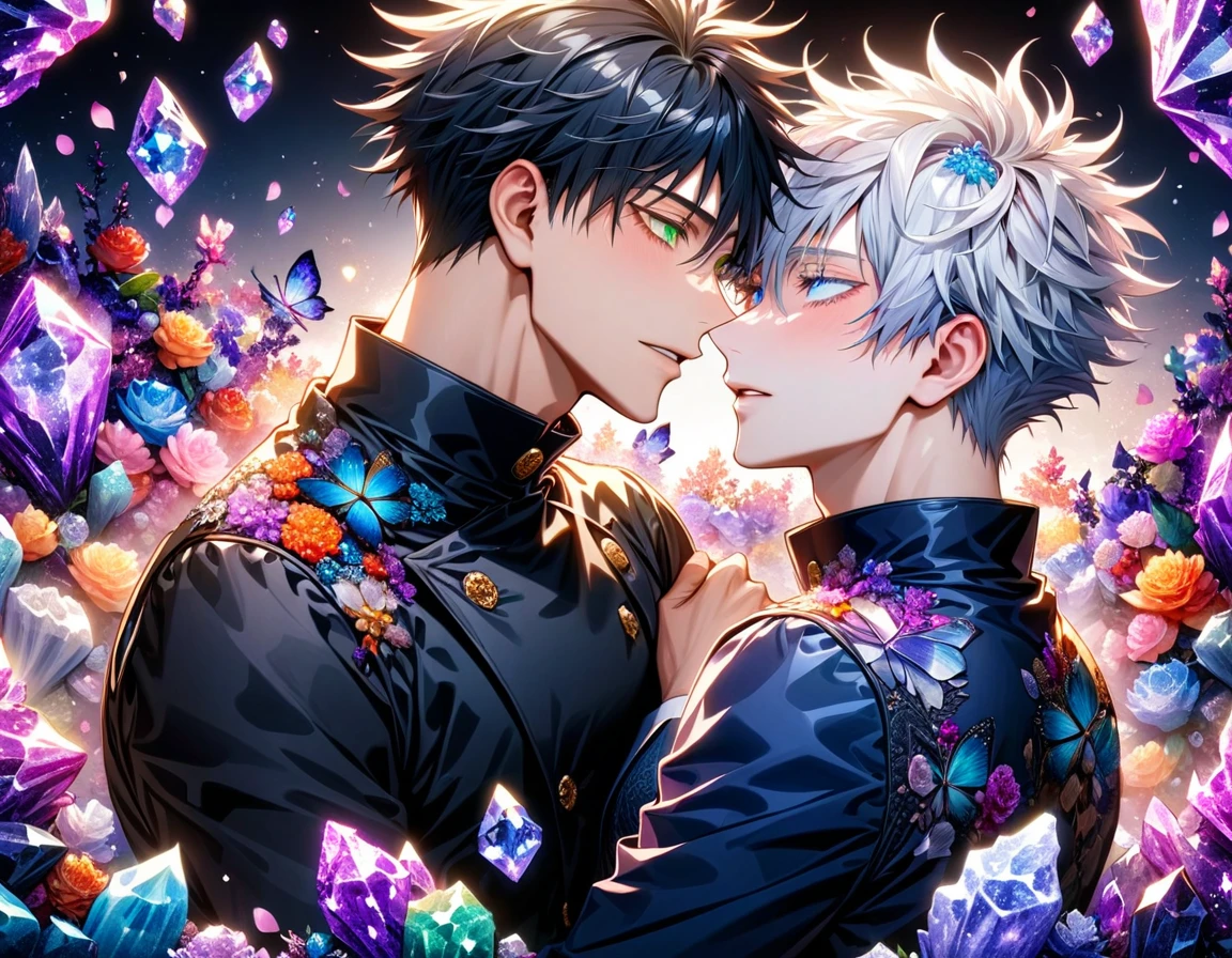 Ultra detailed, Highres, absurdres, HDR, master piece, Gojo Satoru, white hair with bangs, expressive blue eyes, white eyelashes, hair between the eyes, Fushiguro Megumi, black hair, expressive green eyes, Jujutsu Kaisen, black long coat with patterns, purple ice flowers, petals, extremely handsome, two sexy man together, gay couple, yaoi, love, extremely detailed eyes and face, purple ice, purple ice glittering butterflies, black shirt, glittering, glittering eyes, happy