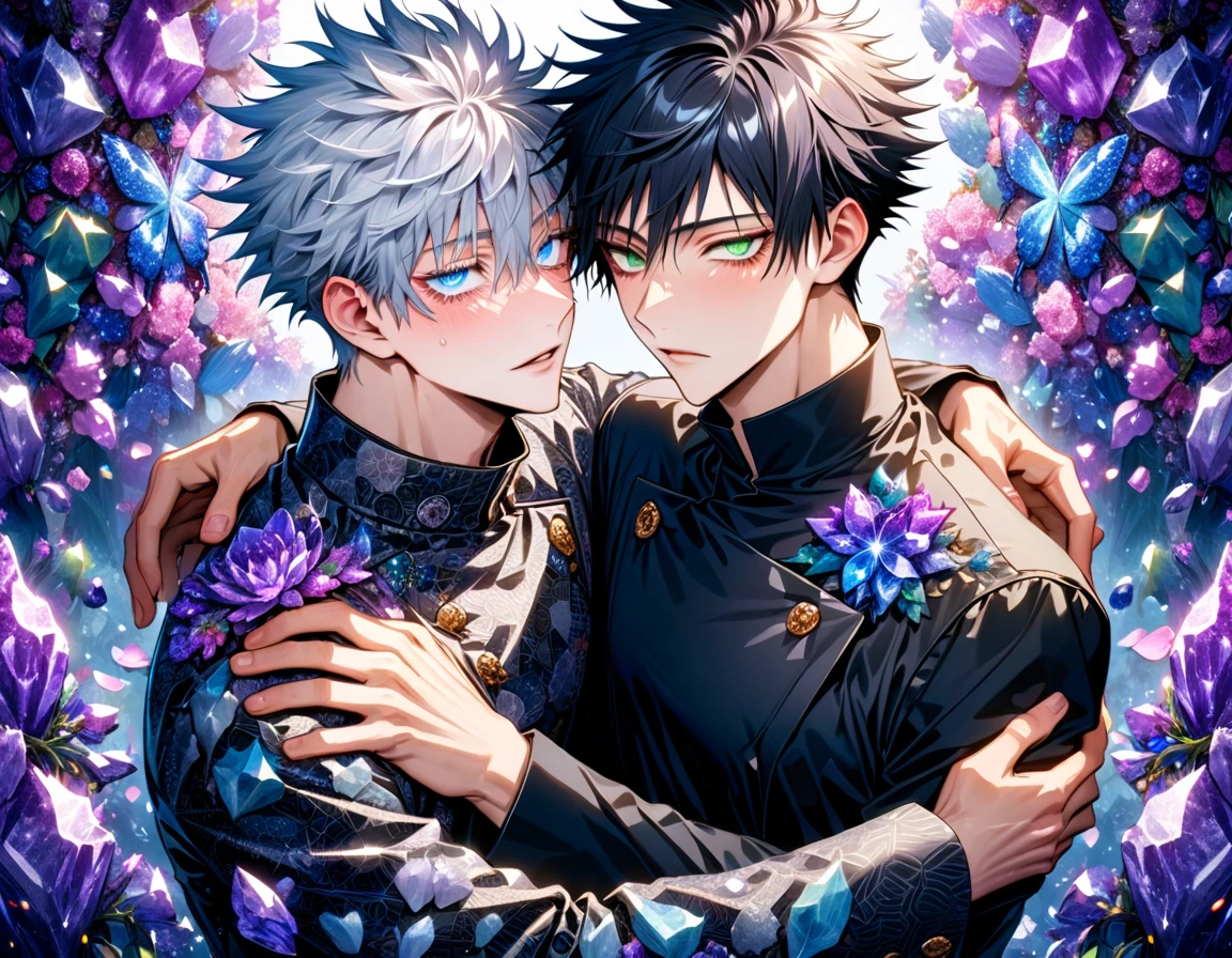 Ultra detailed, Highres, absurdres, HDR, master piece, Gojo Satoru, white hair with bangs, expressive blue eyes, white eyelashes, hair between the eyes, Fushiguro Megumi, black hair, expressive green eyes, Jujutsu Kaisen, black long coat with patterns, purple ice flowers, petals, extremely handsome, two sexy man together, gay couple, yaoi, love, extremely detailed eyes and face, purple ice, purple ice glittering butterflies, black shirt, glittering, glittering eyes, happy