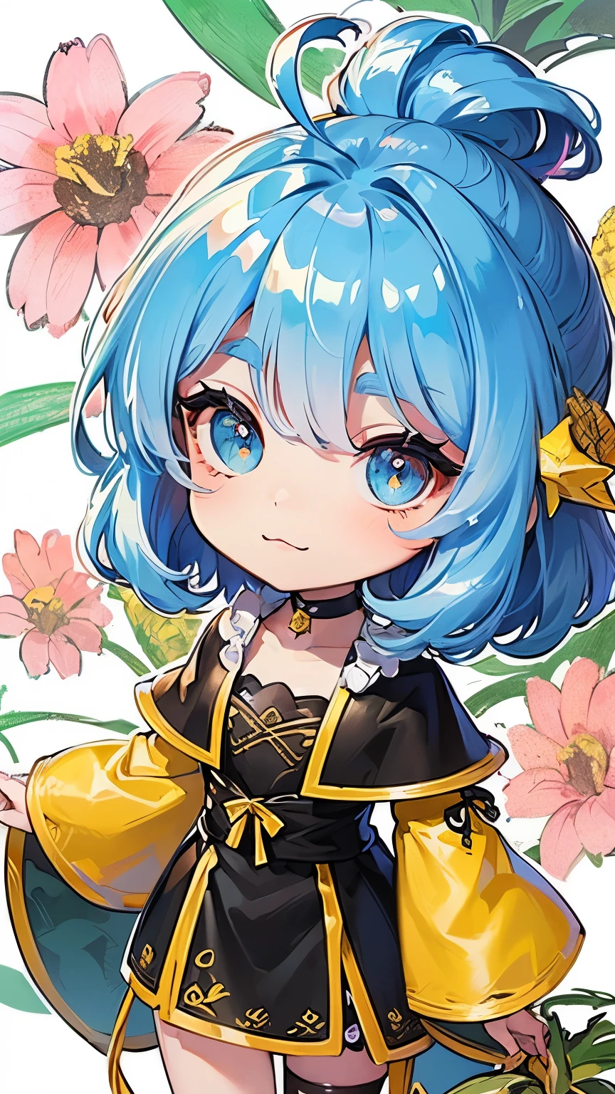 (Chibi animation、Different world、Drawn with crayons:1.4)、(Ultra-detailed,highest quality, masterpiece,High resolution、Disorganized、Perfect Anatomy:1.3),(Chibi Body、Small face、Cute all over、Light blue hair color, Short chignon hair:1.4),(eye shadow, Eyeliner:1.2),(Highly detailed eyes、Light blue eyes、The space between the eyes is narrow、Soft breast swelling、Gloss Lip、Landscape、Very sharp outline、 :3, Ahoge, Symbol-shaped pupil、Very thin legs)、(Flowers that bloom in summer、Big fresh pineapple:1.4)、(Cute short ethnic costume、Dragon's Feather Robe、Costume of the brave、Hug the pineapple、Cute ribbon:1.5),(Japanese architecture,Eyes Wide Open:1.3)