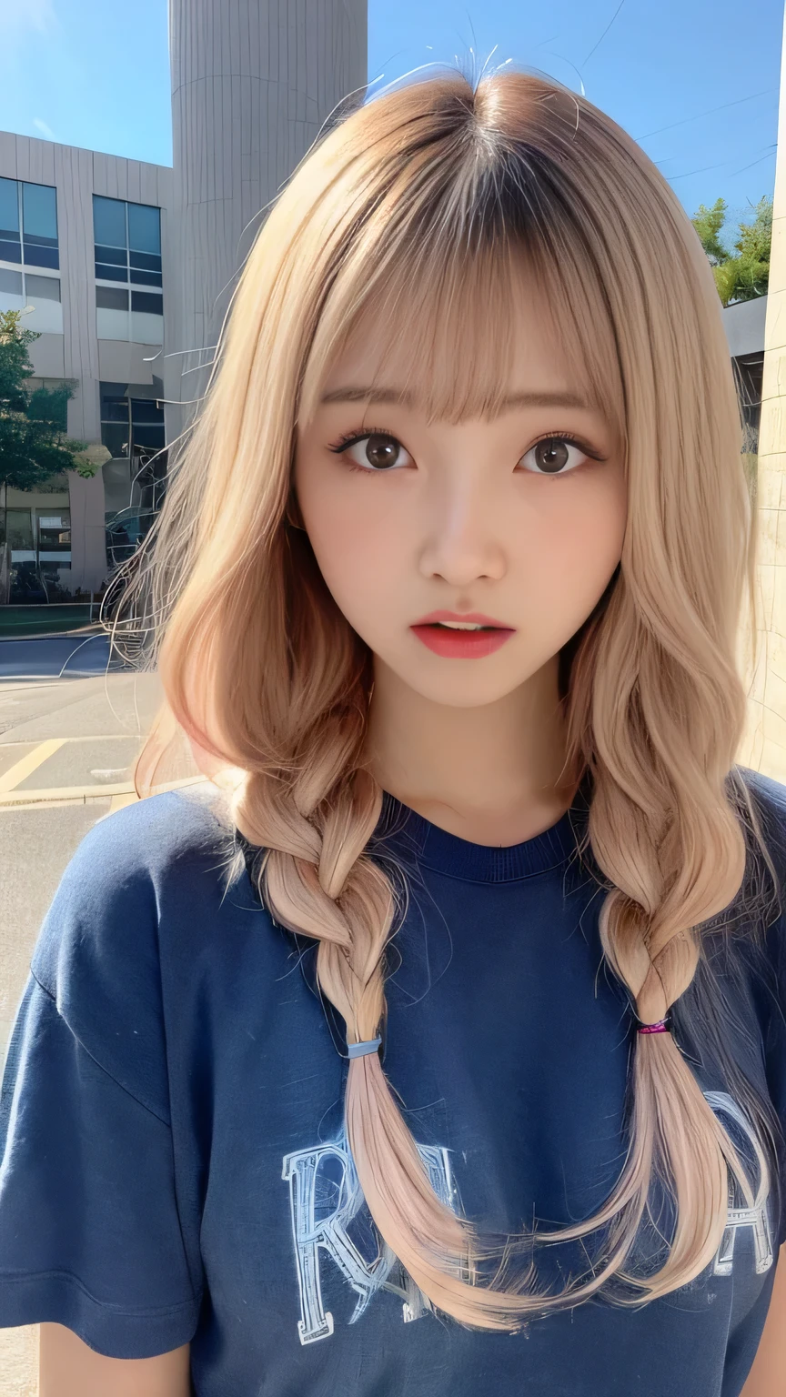 Pale, tanned skin、Sunburn marks on tanned skin、Multicolored Hair、Pink Hair,blonde,Platinum Hair,Brown Hair、A cute 20-year-old girl with a cute look, A strong wind blows my hair in front of my face、beautiful long blonde braided hair、beautiful, Cute eyes hidden by long bangs、Yawn、Double teeth、No visible nasolabial folds、