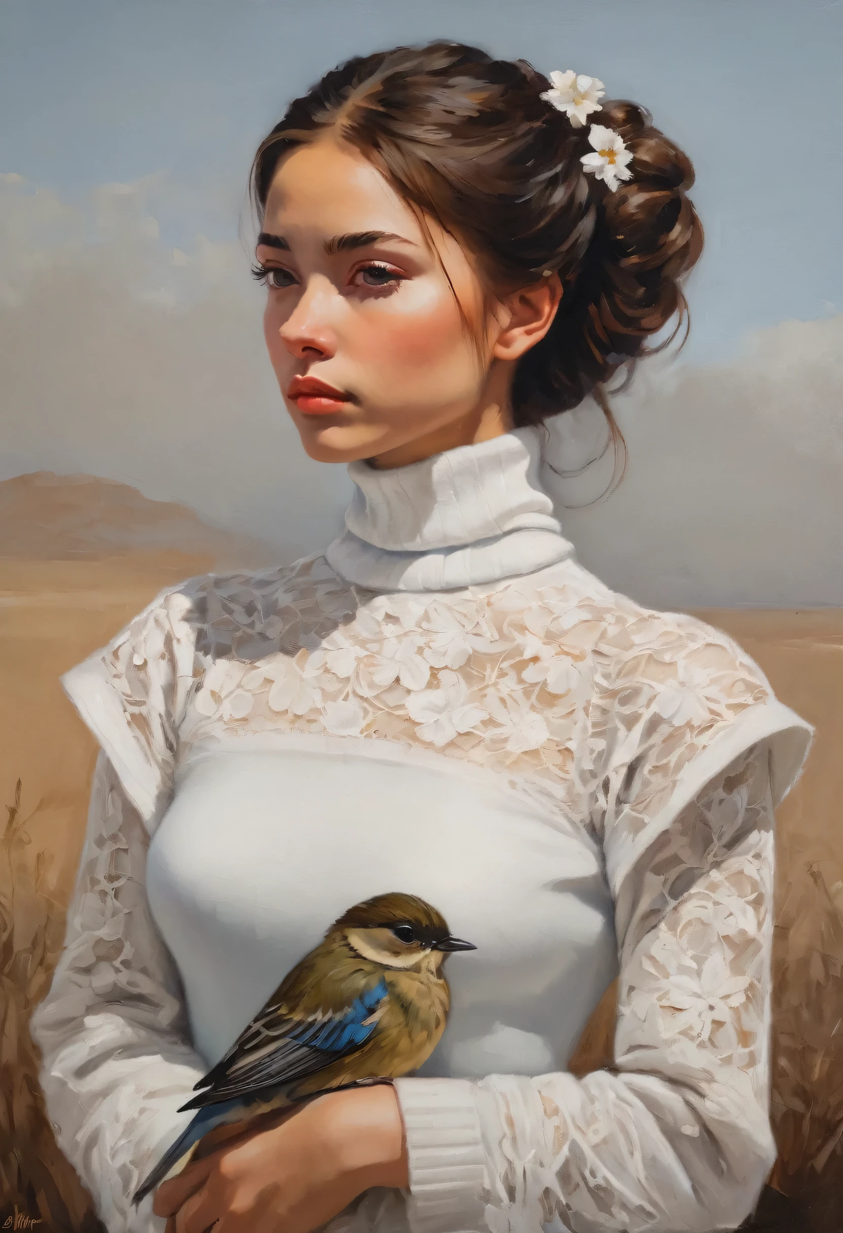 oil painting with brushstrokes, de uma linda jovem, brown hair tied up and with a small bird on her head, her outfit is with a white lace turtleneck style games of thrones, feita com um rico tecido, estilo gaugin, She's in profile for the camera, obra prima