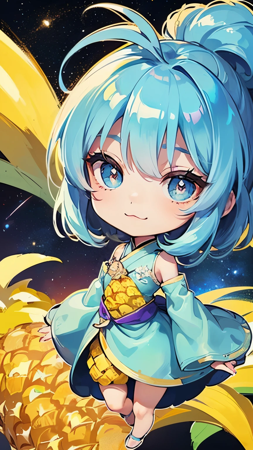 (Chibi animation、Different world、Drawn with crayons:1.4)、(Ultra-detailed,highest quality, masterpiece,High resolution、Disorganized、Perfect Anatomy:1.3),(Chibi Body、Small face、Cute all over、Light blue hair color, Short chignon hair:1.4),(eye shadow, Eyeliner:1.2),(Highly detailed eyes、Light blue eyes、The space between the eyes is narrow、Soft breast swelling、Gloss Lip、Landscape、Very sharp outline、 :3, Ahoge, Symbol-shaped pupil、Very thin legs)、(Flowers that bloom in summer、Big fresh pineapple:1.4)、(Cute short ethnic costume、Dragon's Feather Robe、Costume of the brave、Hug the pineapple、Cute ribbon:1.5),(Japanese architecture,Eyes Wide Open:1.3)