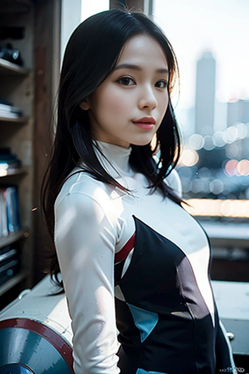 (1girl:1.3), solo, __body-parts__, official art, unified 8k wallpaper, super detailed, beautiful and aesthetic, beautiful, masterpiece, best quality, raw, masterpiece, super fine photo, best quality, super high resolution, photorealistic realism, sunlight, full-body portrait, amazing beauty, dynamic pose, delicate face, vibrant eyes, (from the front), she wears a futuristic Captain America jersey, blue color scheme, (holding a shield), A capital A on chest, very detailed abandoned warehouse background, detailed face, detailed complex busy background, messy, gorgeous, milky white, highly detailed skin, realistic skin details, visible pores, sharp focus, volumetric fog, 8k uhd, DSLR camera, high quality, film grain, fair skin, photo realism, lomography, huge metropolis in future dystopia, seen from below, translucent