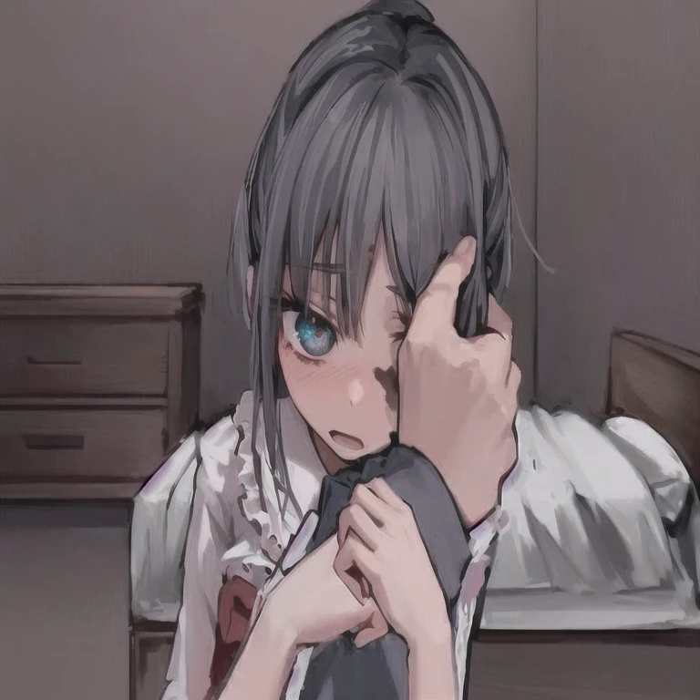 Chica anime con cabello negro y ojos azules abrazando a su novio., Gapmoe Yandere, yandere, Gapmoe Yandere grimdark, tired and tormented expression, portrait Gapmoe Yandere grimdark, tired and tormented expression, yandere. alto, Yandere intrincado, cambiar, small cambiar girl, anime moe art style, en vestido, with a sad expression
