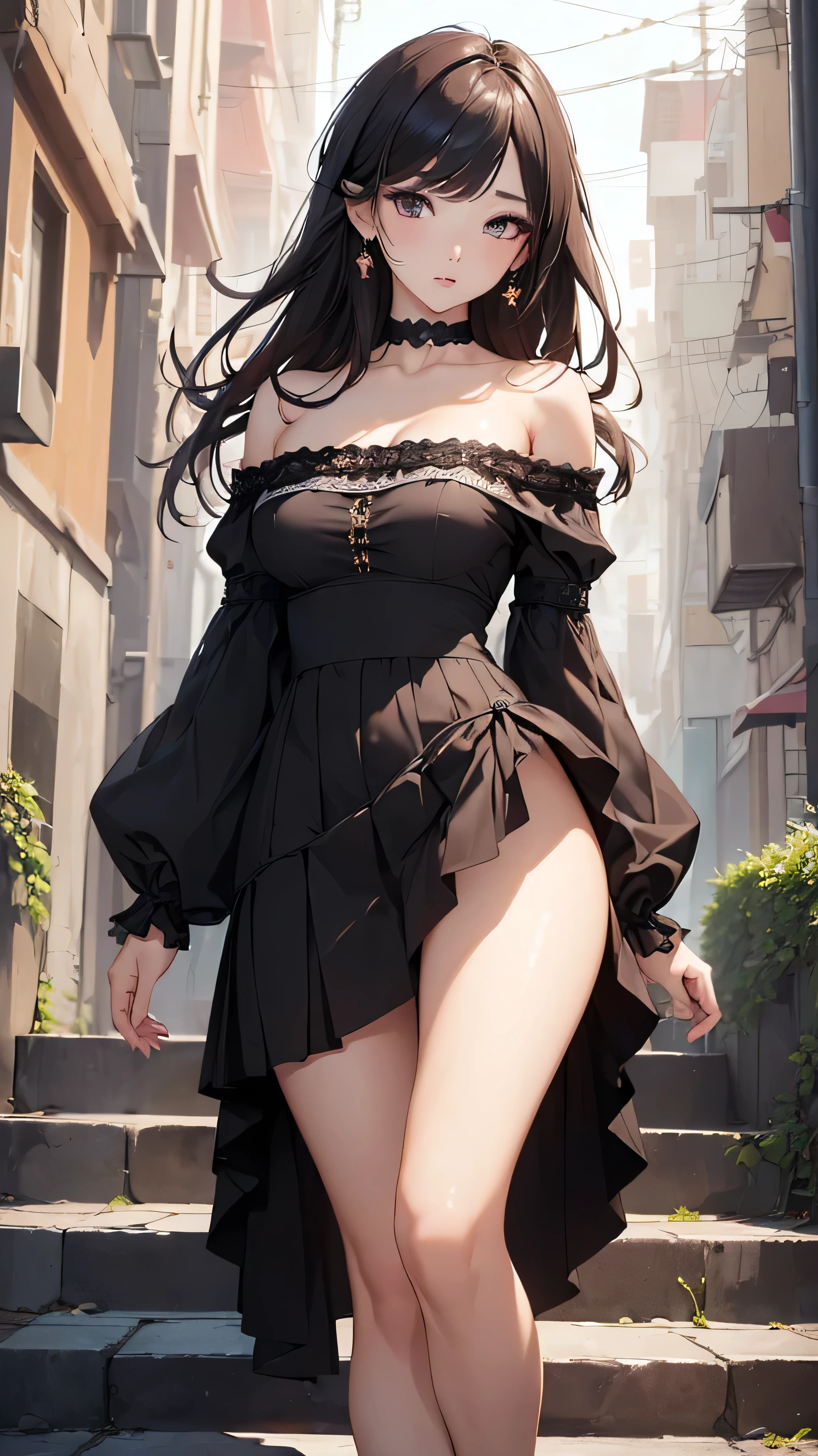 (((masterpiece))),(((High resolution)))、(((8K)))、(((perfect face)))、(((Korean beauty)))、25 years old, ((off shoulder dress)), ((skirt)), look at the camera, thighs, ((top quality eyes)), ((detailed eyes)), ((detailed face)), (detailed texture), stairs, ((panty))