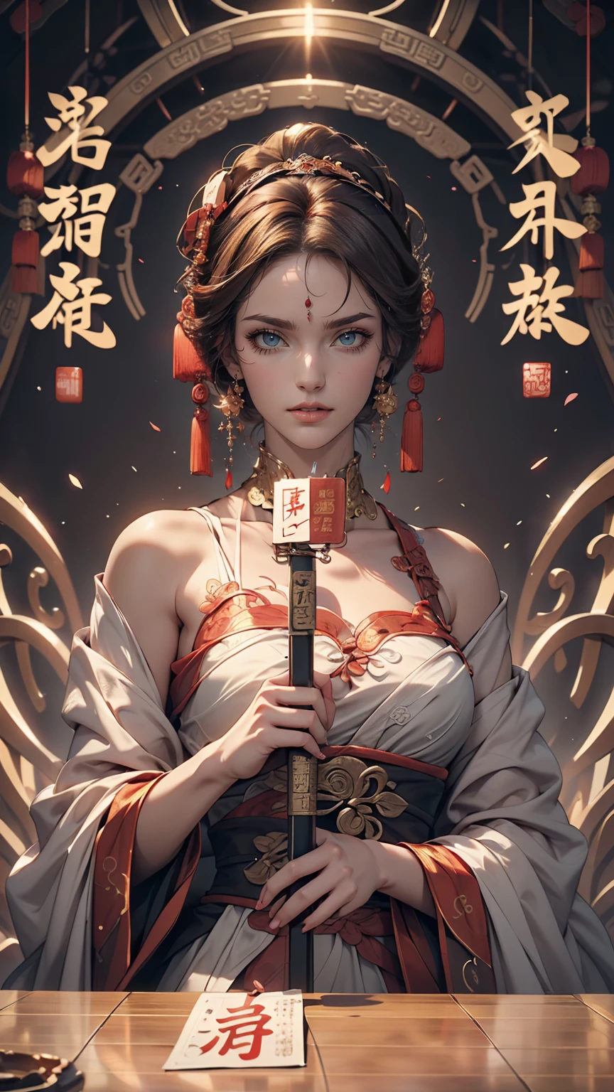 (highest quality, Movie Poster Style), Beautiful woman (One of my eyes is red:1.2),(How to write Chinese characters with meaning:1.1), Combine elements perfectly.