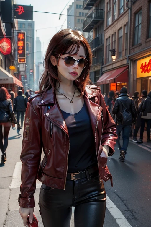 A woman in a leather jacket with red sunglasses and a city behind her, in the style of neon realism, charming characters, action paintings, gadgetpunk, solapunk, colorful street scenes, crimson and amber