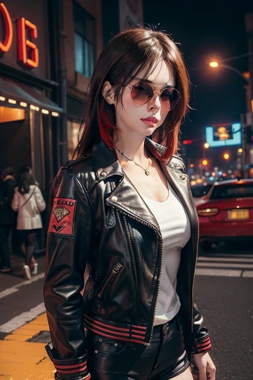 A woman in a leather jacket with red sunglasses and a city behind her, in the style of neon realism, charming characters, action paintings, gadgetpunk, solapunk, colorful street scenes, crimson and amber