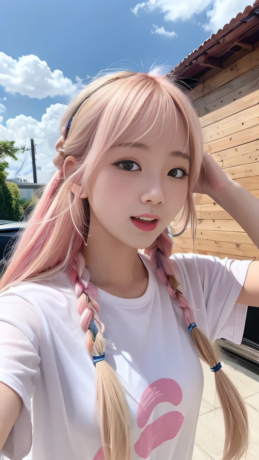 Pale, tanned skin、Sunburn marks on tanned skin、Multicolored Hair、Pink Hair,blonde,Platinum Hair,Brown Hair、A cute 20-year-old girl with a cute look, A strong wind blows my hair in front of my face、beautiful long blonde braided hair、beautiful, Cute eyes hidden by long bangs、Yawn、Double teeth、No visible nasolabial folds、