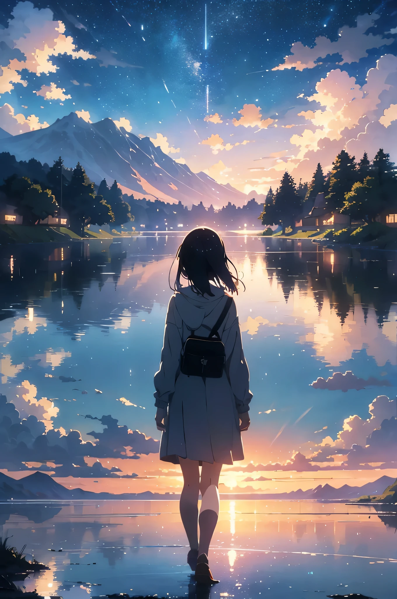 High quality masterpiece, landscape, rain,Pixiv, Concept Art, Lofi Art style, reflection. by makoto shinkai, Lofi Art, Beautiful anime scene, break Anime landscape, detailed landscape — width 672, in Makoto Shinkai'style, Makoto Shinkai'style, Enhanced detailed, break,detailed,Realistic,Highly detailed digital art in 4K,Octane Rendering, Bioluminescent, break 8K resolution Concept Art, realism,From Mappa Studio,masterpiece,highest quality,Official Art,shape,Clear lines,(Nice_color),Perfect composition,Absurd, Fantasy,concentrate,Three-part method