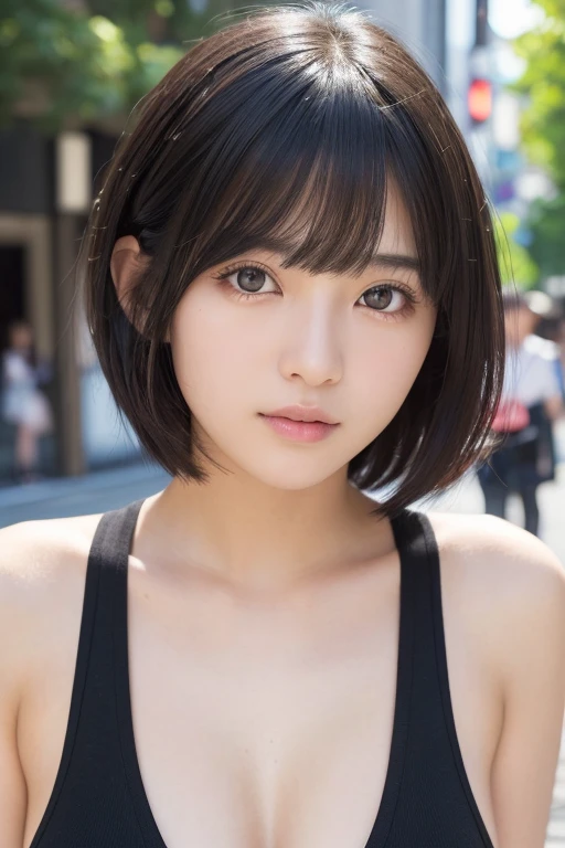 (High resolution:1.3), (16k, Photorealistic, Raw photo, Best image quality: 1.4), Japanese, (One Girl), Beautiful Face, (A vivid face), (Black-haired、short hair:1.3), Beautiful Hairstyles, Realistic eyes, Beautifully detailed eyes, (Realistic Skin), Beautiful skins, attractive, 超A high resolution, Surreal, High detail, Golden Ratio, Highly detailed cute girl,(20-year-old), Tokyo、Omotesando、Daytime、Detailed Background、(Many passers-by:2.0、Detailed face、Well-formed face), ((boob flash))、Belly button、Nipples