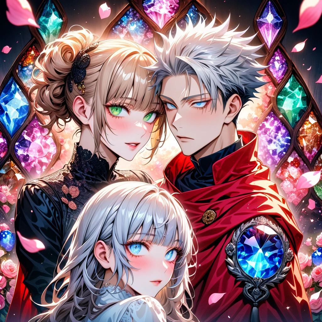 Ultra detailed, Highres, absurdres, HDR, master piece, Gojo Satoru, white hair with bangs,white eyelashes, expressive blue eyes, hair between the eyes, Aida, ash blond hair with bangs, expressive green eyes, extremely beautiful, Jujutsu Kaisen, black ribbon on the side of her hair, a handsome man together with a beautiful woman, couple, extremely detailed eyes and face, white dress with black patterns, stained pink glass, pink petals, glittering, black gloves, pink flowers, red cape, magic, fantasy, glass, love
