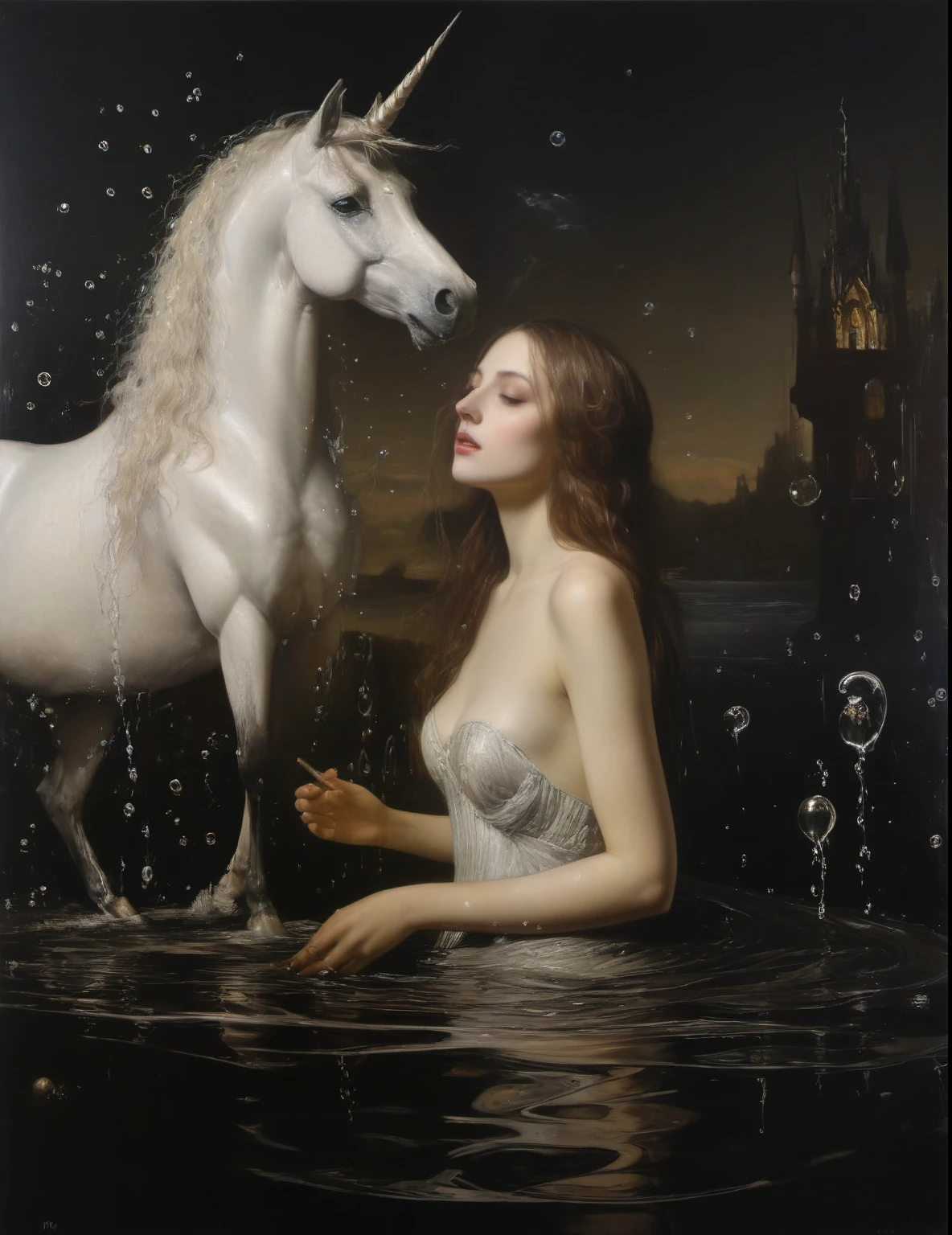 James Gurney, Surrealist art , dream-like, Mysterious, Provocative, symbolic, Complex, detailed,, (Gothic but very beautiful:1.4), (masterpiece, highest quality:1.4) , Nicola Samori Style, siren 、Water bubbles、In the water、Beautiful young woman with a unicorn