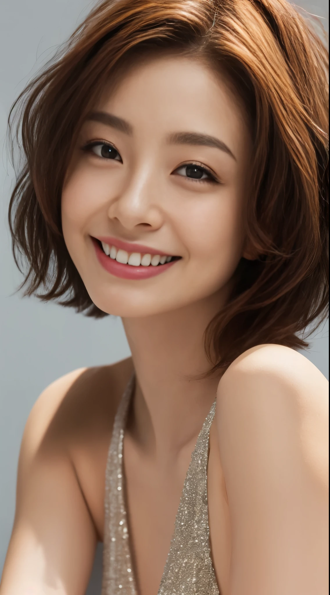 1 Female,Beauty,Highest quality, 8K,Masterpiece,High definition,Photorealistic, Portraiture,close up,(Looking at Viewer),Warm Smile,((POV)),realistic,Extra Short Hair,