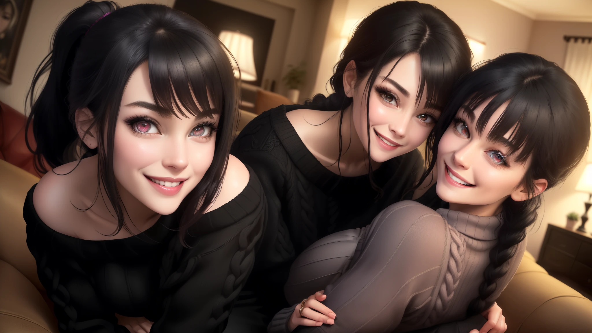 happy, medium breasts, thick thighs, big ass, (seductive smile, laughing), young mature woman, masterpiece, beautiful, (beautifully detailed face, best quality, detailed eyes, perfect fingers), (living room, night time),Short Black Hair, Ponytail to side, Pink Eyes, leaning forward, pov, (black sweater, visible shoulders, black short pants)
