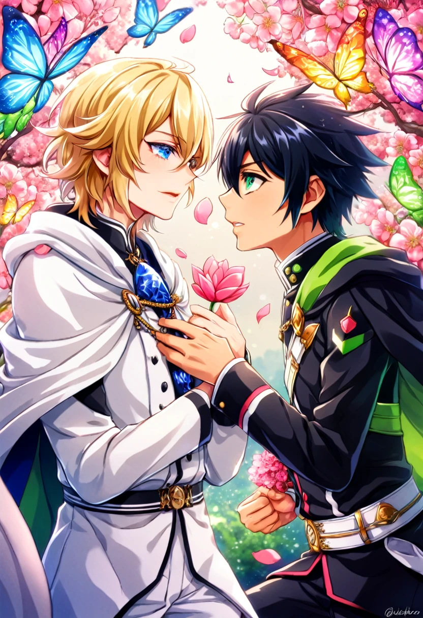 absurdres, highres, ultra detailed, HDR, master piece, best quality, Mikaela Hyakuya, blonde hair, expressive blue eyes, Owari no seraph, Yuichiro Hyakuya, black hair, expressive green eyes, two sexy men together, gay couple, yaoi, handsome, black clothes, white clothes, cape, magical, fantasy, shining, radiant, pink flowers, pink blossoms, pink butterflies, pink petals