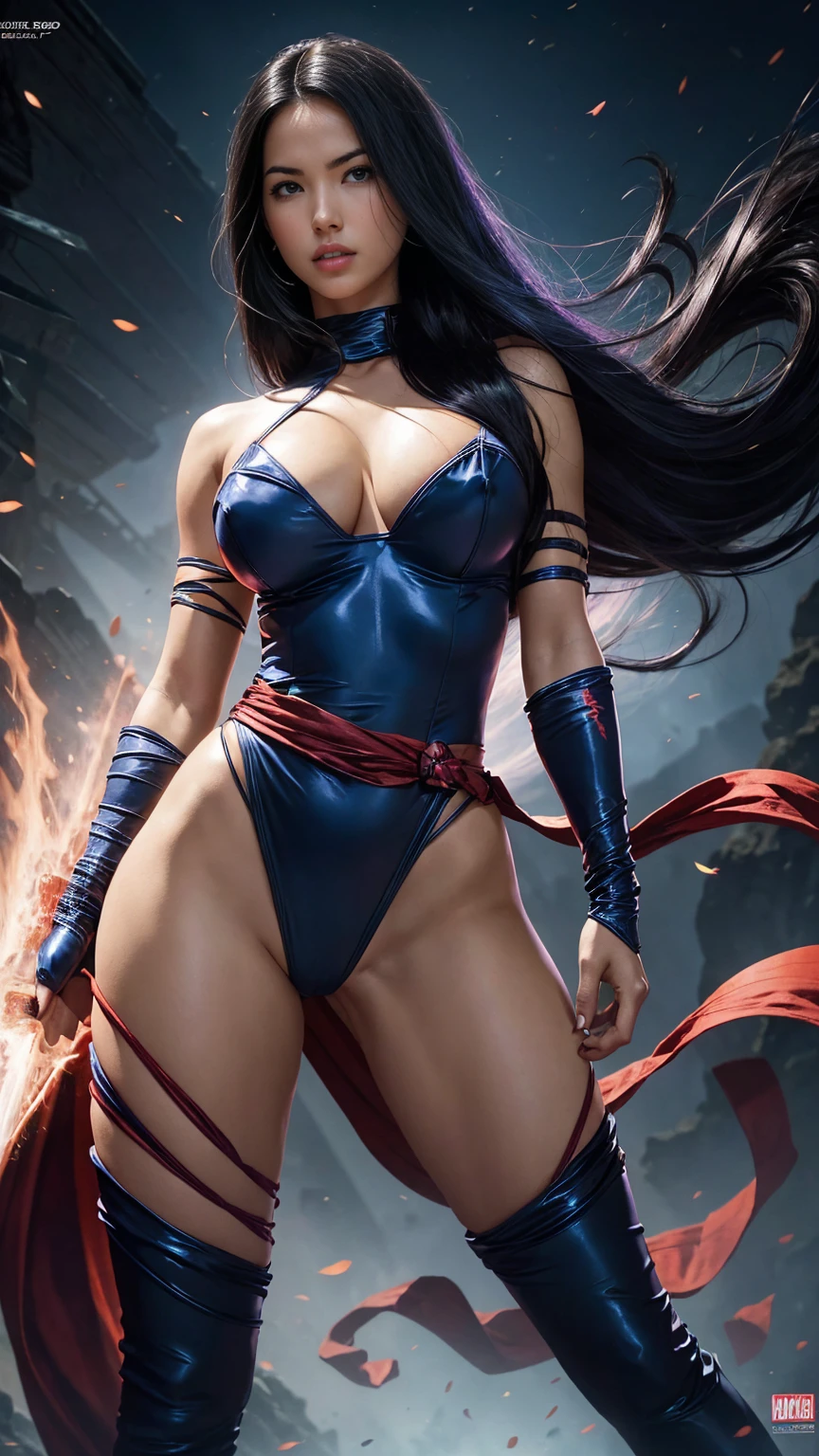 Art image of lkjhgf as Psylocke, busty, beautiful, dark blue costume with red sash at her waist black hair, large breasts, by Louis Royo, Boris Vallejo, J. Scott Campbell, extreme focus, sharp details, sexy,  oily skin, show feet, full body