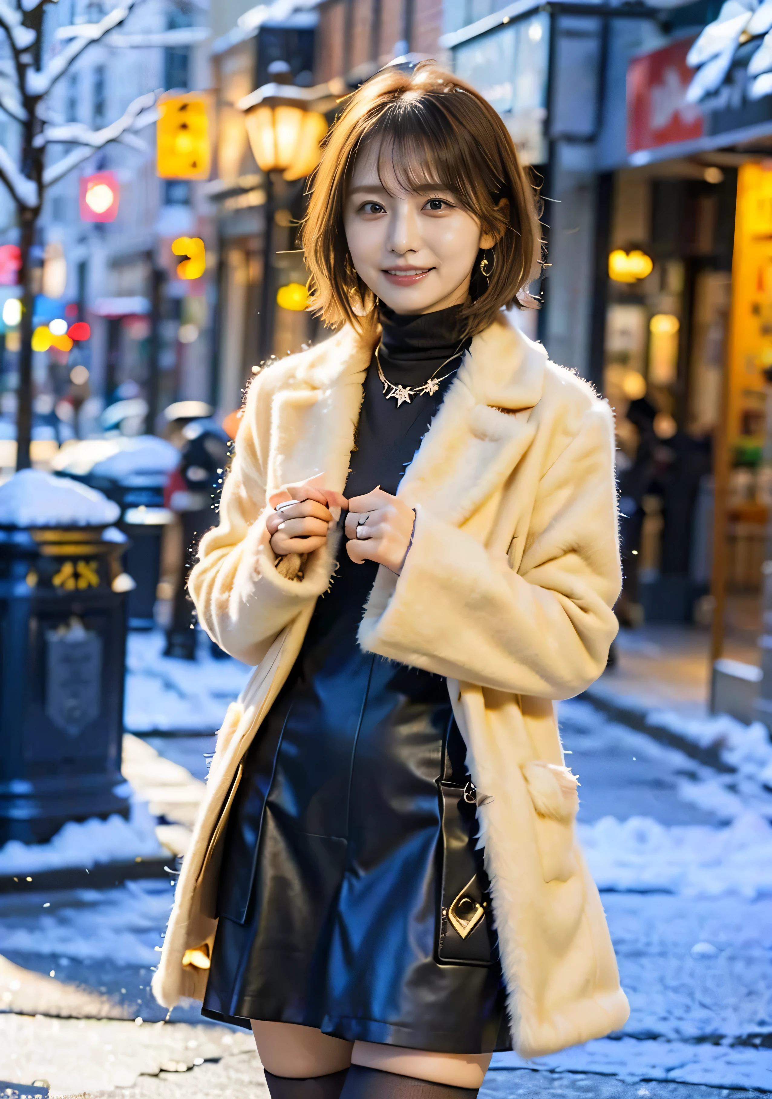 Outdoors in the city、Black Stockings、Street Snap、Long eyelashes、Fur coat、Luxurious grey mink fur coat、Wearing leather boots、Luxury bags、Inner black turtleneck、Silver necklace and tiny silver earrings illionaire style:1.4))、Full body photo、smile、 Caustics、Highly detailed photos、Very beautiful woman 、Ample breasts、No makeup、(8k、RAW Photos、highest quality、masterpiece:1.2)、(Realistic、Realistic)、1 girl、((Medium Short Hair、Midwinter、Cold region Snow falling、The wind is blowing、Fluttering Hair、blur background、Colorful illuminations、Looking into the camera:1.4))、