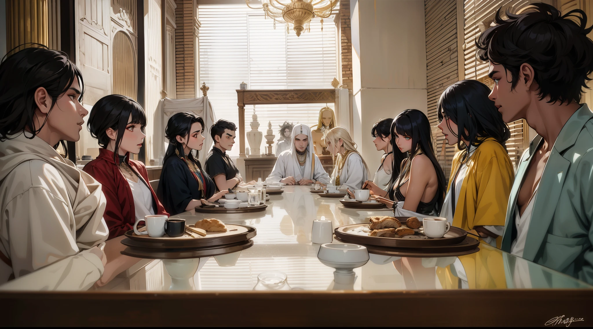 un grupo de  personas de cabello blanco y ojos amarillos en un salon del antiguo egipto