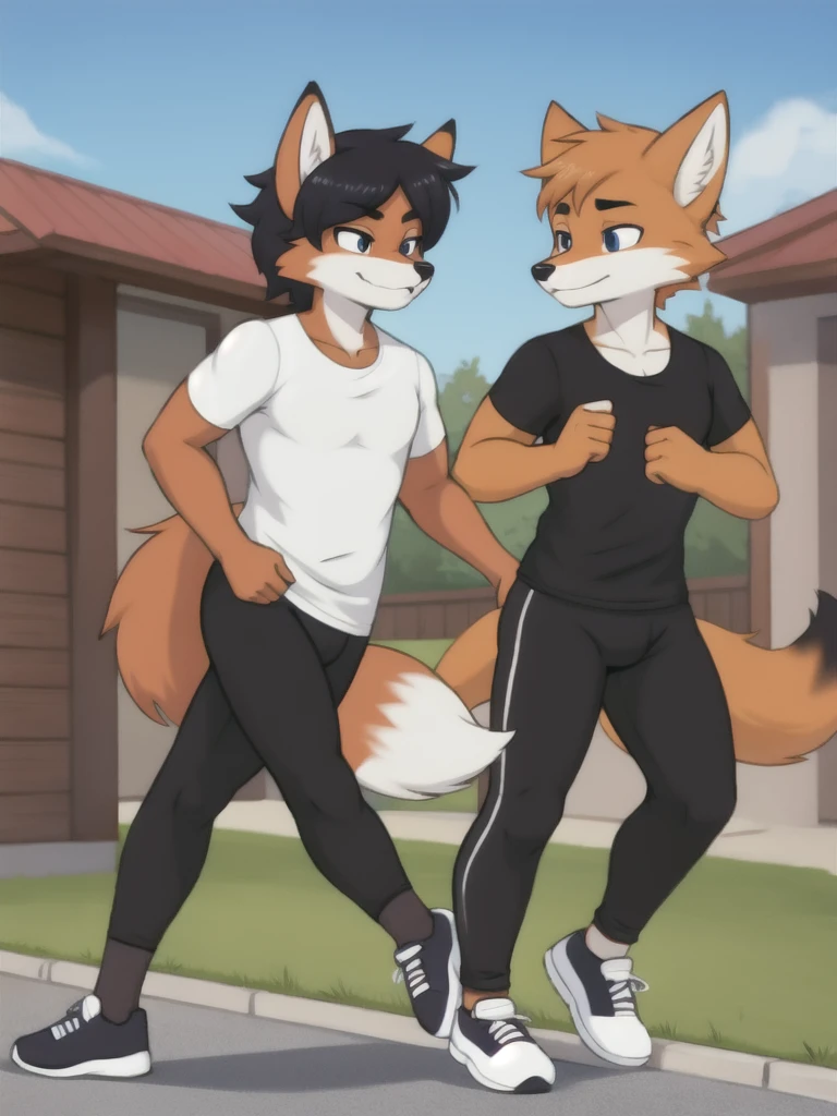 Furry, fox, male, twins, black leggings, white shirt, jogging outside the house, teen
