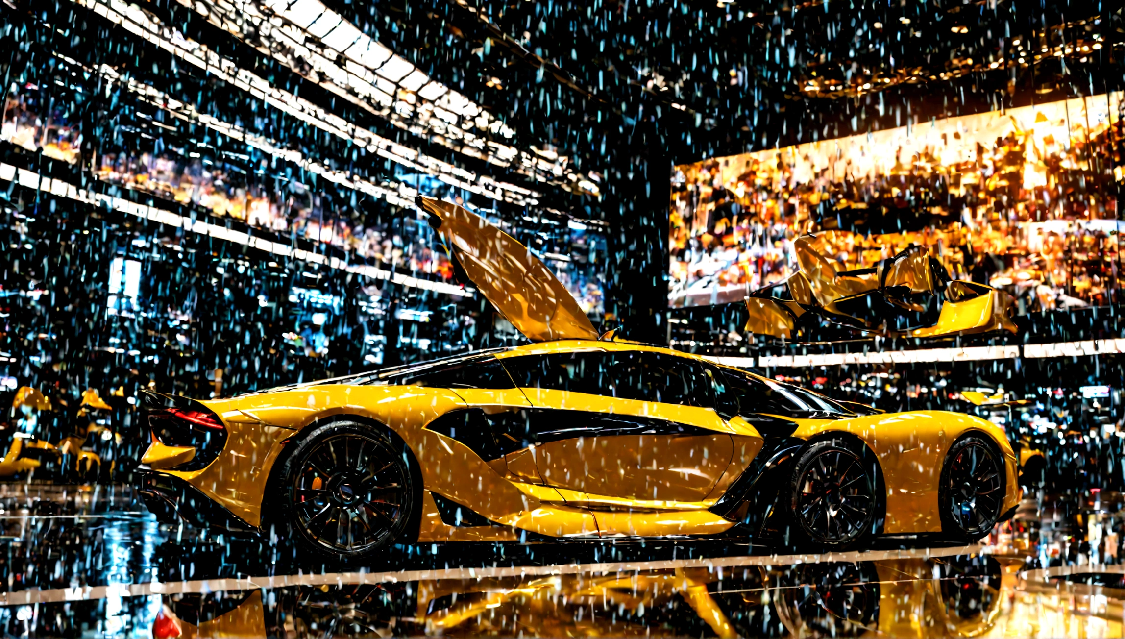 a beautiful yellow supercar, city of tokyo in the background, detailed high resolution photo, cinematic lighting, 8k, photorealistic, dynamic composition, vibrant colors, reflection on the car body, depth of field, realistic textures, intricate details, sleek design, futuristic architecture, ultrawide angle, dramatic sky

