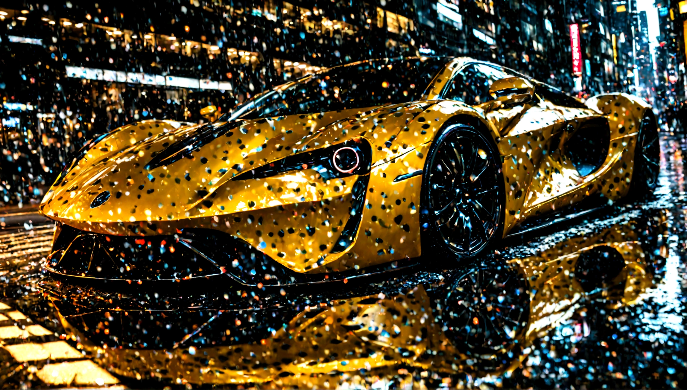 a beautiful yellow supercar, city of tokyo in the background, detailed high resolution photo, cinematic lighting, 8k, photorealistic, dynamic composition, vibrant colors, reflection on the car body, depth of field, realistic textures, intricate details, sleek design, futuristic architecture, ultrawide angle, dramatic sky
