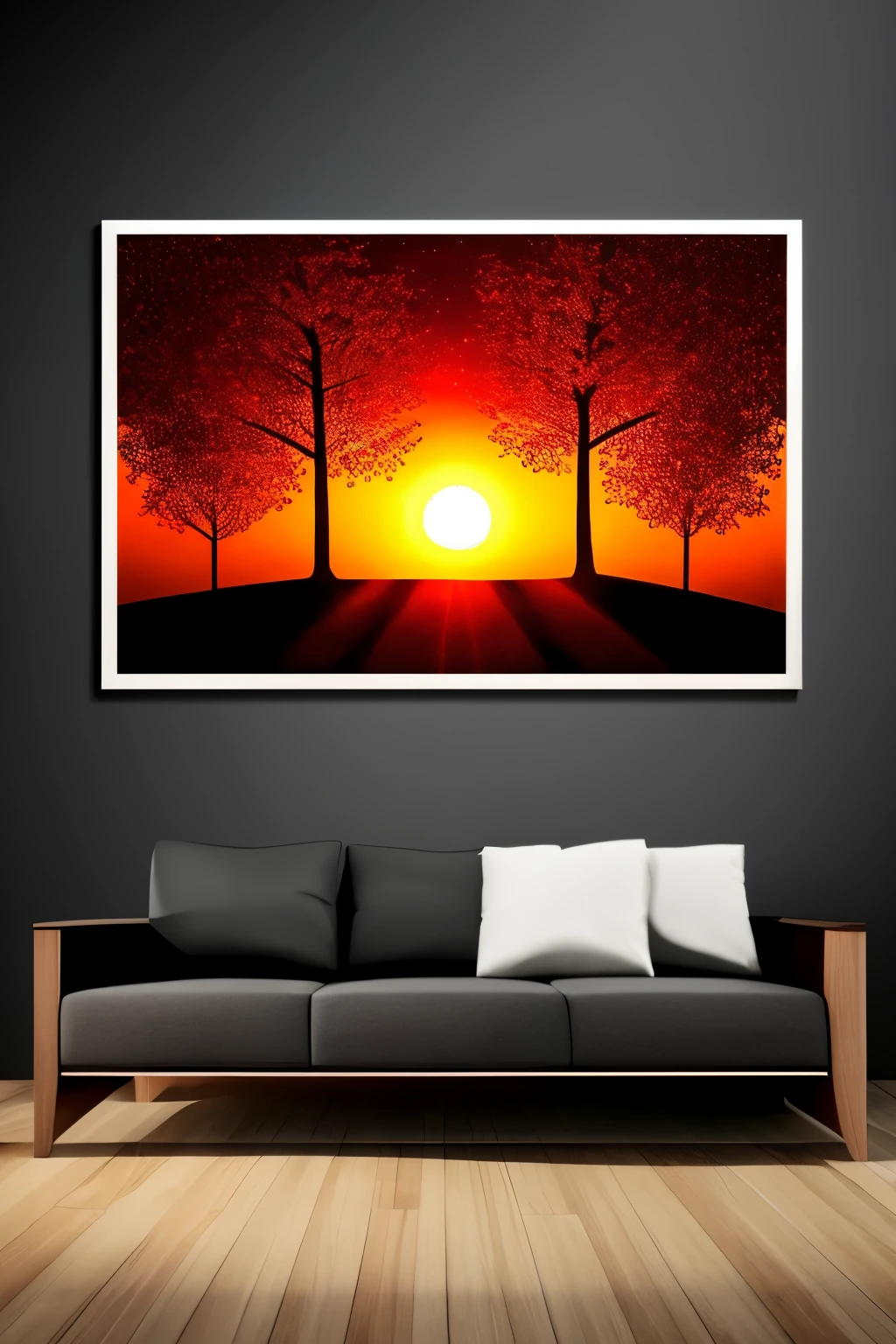 work of art with gradation that is neither watercolor nor oil painting, best quality, super fine, 16k, extremely detailed, 2.5D, delicate and dynamic, white line art on red background, sunset landscape