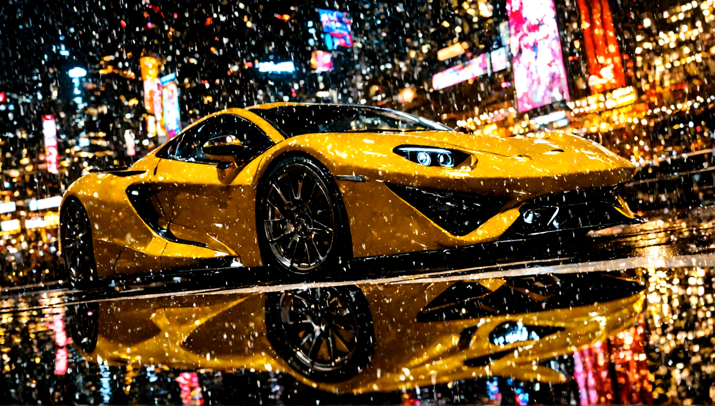 a beautiful yellow supercar, city of tokyo in the background, detailed high resolution photo, cinematic lighting, 8k, photorealistic, dynamic composition, vibrant colors, reflection on the car body, depth of field, realistic textures, intricate details, sleek design, futuristic architecture, ultrawide angle, dramatic sky
