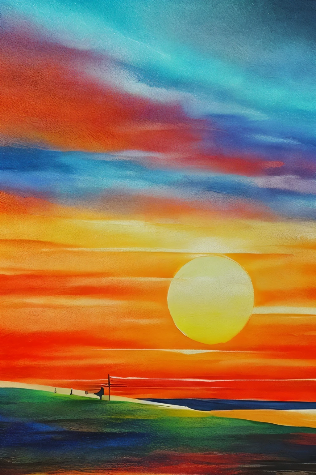 work of art with gradation that is neither watercolor nor oil painting, best quality, super fine, 16k, extremely detailed, 2.5D, delicate and dynamic, white line art on red background, sunset landscape