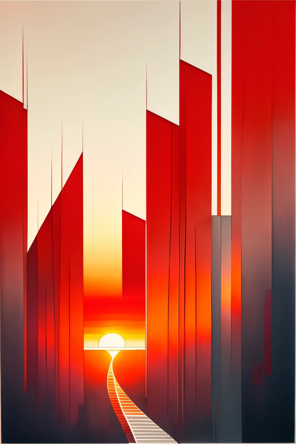 work of art with gradation that is neither watercolor nor oil painting, best quality, super fine, 16k, extremely detailed, 2.5D, delicate and dynamic, white line art on red background, sunset landscape