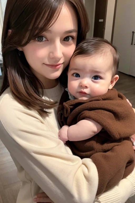 Caucasian、female、Brown Hair、Holding a baby