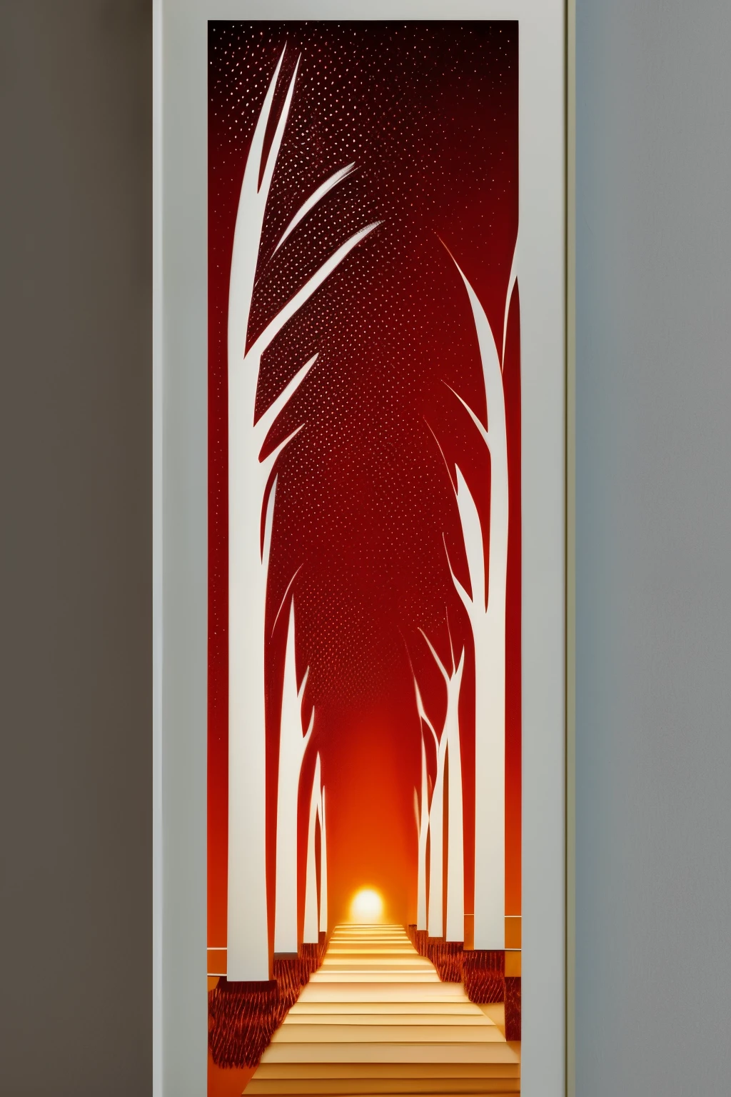 work of art with gradation that is neither watercolor nor oil painting, best quality, super fine, 16k, extremely detailed, 2.5D, delicate and dynamic, white line art on red background, sunset landscape