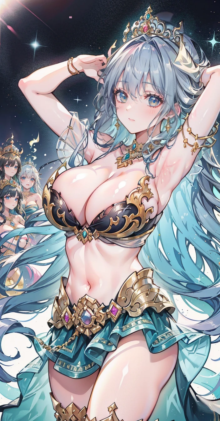 Group of 5 princesses,(6 young women,many young women), (in the bedroom), Various hair styles, harem,(Shiny armor, Beautiful crowns and ornaments,Filigree crystal jewelry), nighttime, detailed face, big breasts,Breast curtain, short skirt, mule, Sleeveless , Show your armpits, nighttime, starry nighttime,(large areolae:1.4,pink,The nipples are clearly visible...)