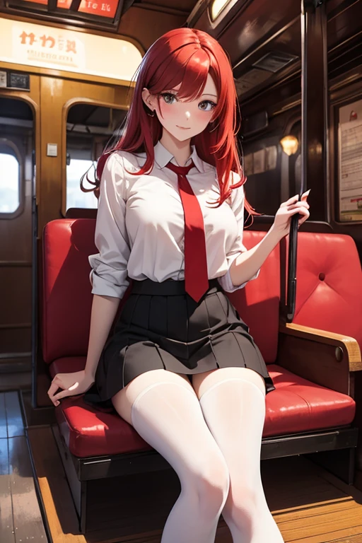 Create detailed image of full-bodied, red-haired Woman, white shirt, short red tie, black skirt, tights, red heels, all miy realistic, illuminated and colorful with an antique train in the background, Lying in bed