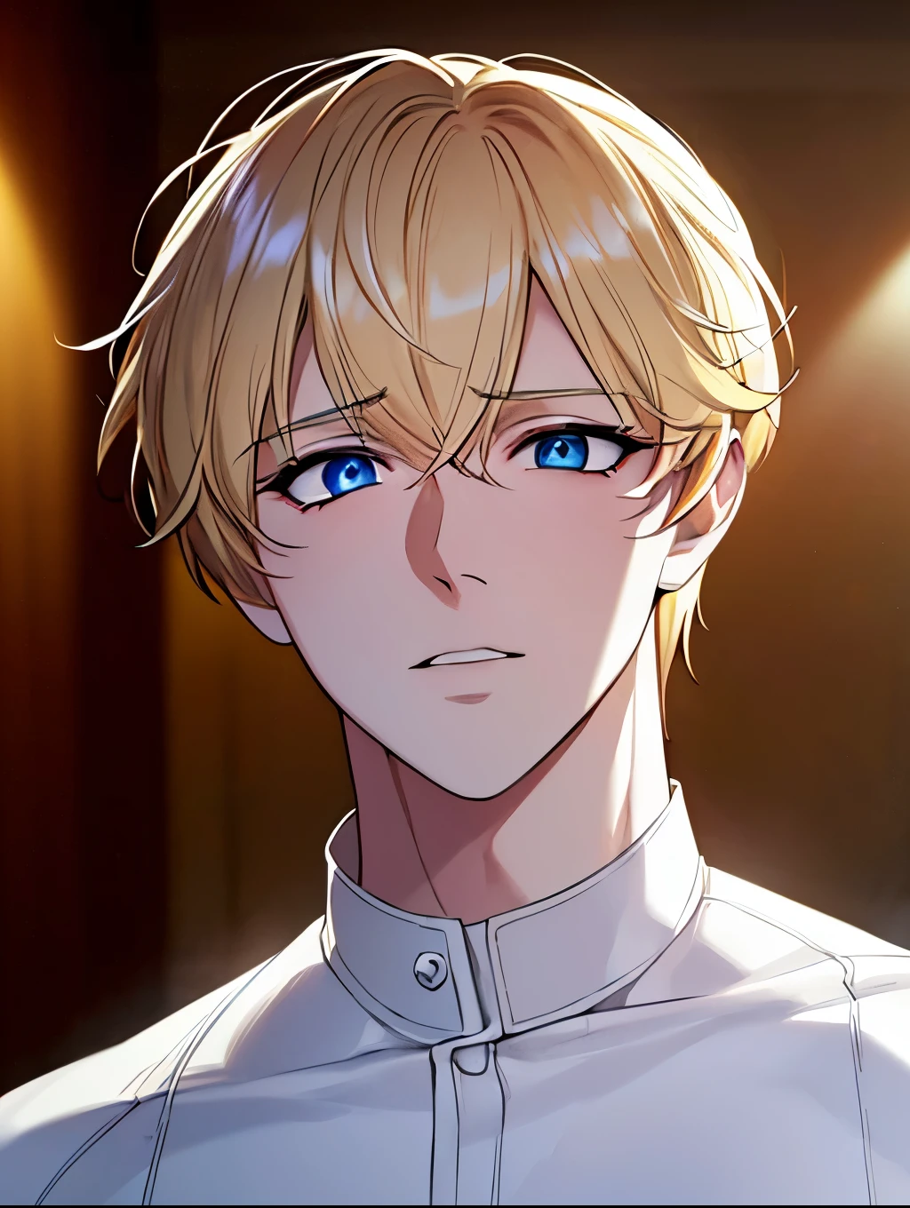 a blonde haired anime boy, short neat hair, bangs over forehead, scar above left eye, muscular body, tall, sporty clothes, grey t-shirt and white pants, blue eyes, (best quality,4k,8k,highres,masterpiece:1.2),ultra-detailed,(realistic,photorealistic,photo-realistic:1.37),cinematic lighting,cinematic pose,hyper detailed, extremely detailed, digital painting, concept art,dramatic lighting,vibrant colors,intricate details
