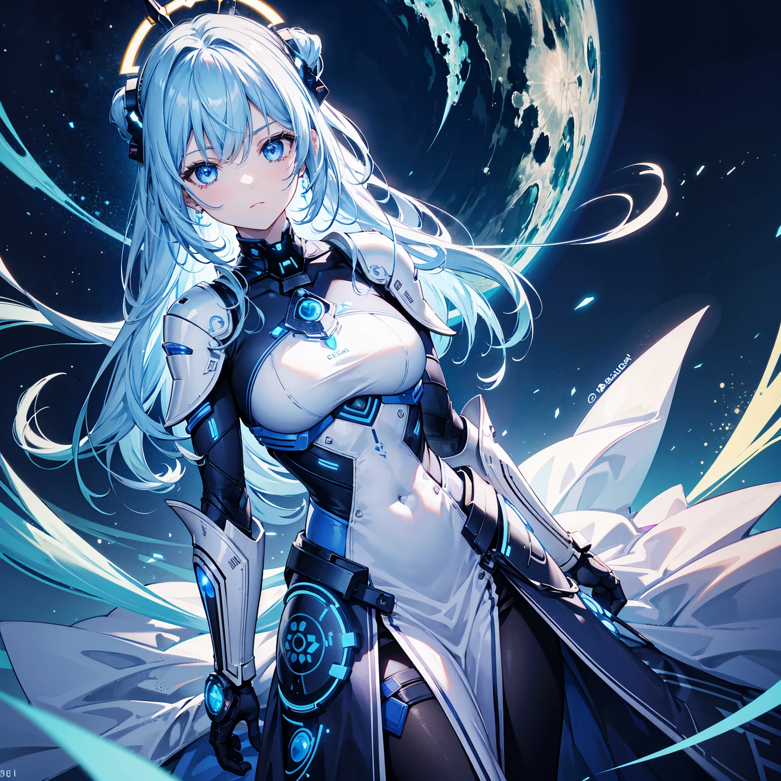 8k, highest quality, (real:1.4), Original photo, 1 girl, Asari Hair, Biological Amplifier, refined armor, posture: Peace talks between warring factions,attention arousal, smart blue eyes,Blue big moon and blue light swirl in the background,Blue halo,