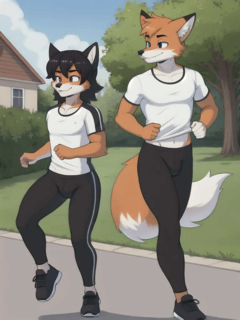 Furry, fox, male, twins, black leggings, white shirt, jogging outside the house, teen