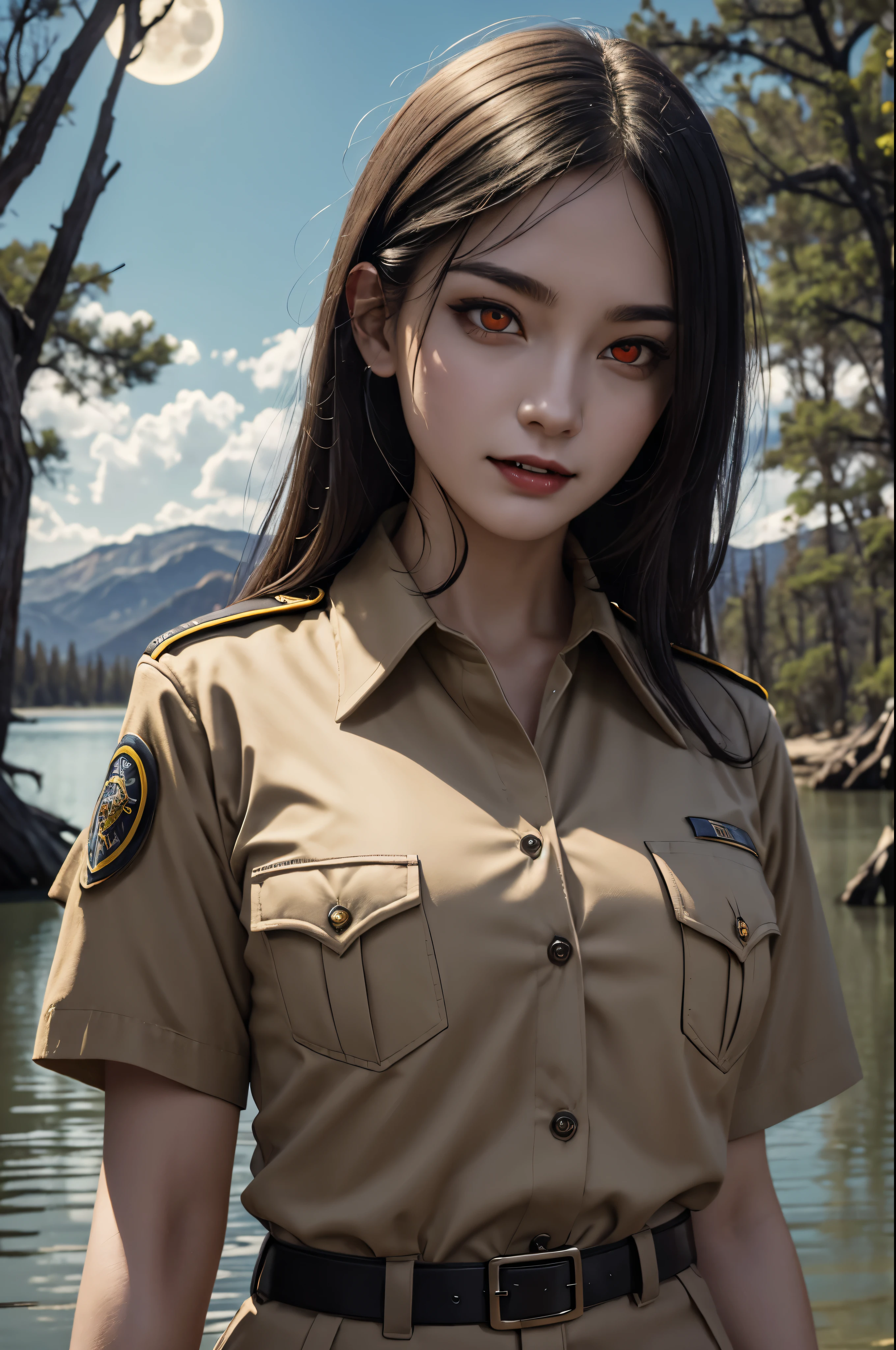 NSFW (((night, moonlight))) ((a deserted lake)) Vampire woman, (((red eyes and fangs))), pale skin, (((park ranger uniform, beige National Park uniform, short sleeves)))), sexy, (open shirt), (open mouth, blood on mouth), (evil grin), looking at viewer, ((full figure)), (standing in lake), sopping wet, style of a painted book illustration, blues and purples, ((depth of field)), ((masterpiece)), ((best quality)), ((highly detailed)), horror theme